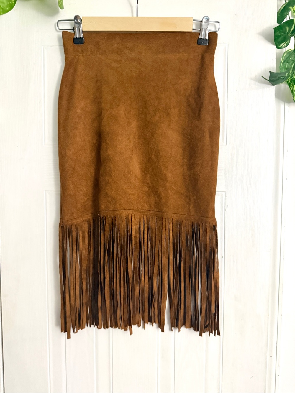 Fringe Hem Faux Suede Midi Skirt in Brown Western S
